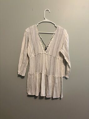 blue island White Tunic with Black Stitching